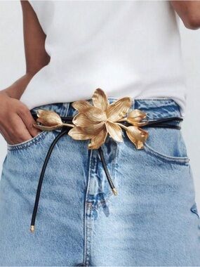 Gold Floral Buckle Black Leather Tie Belt